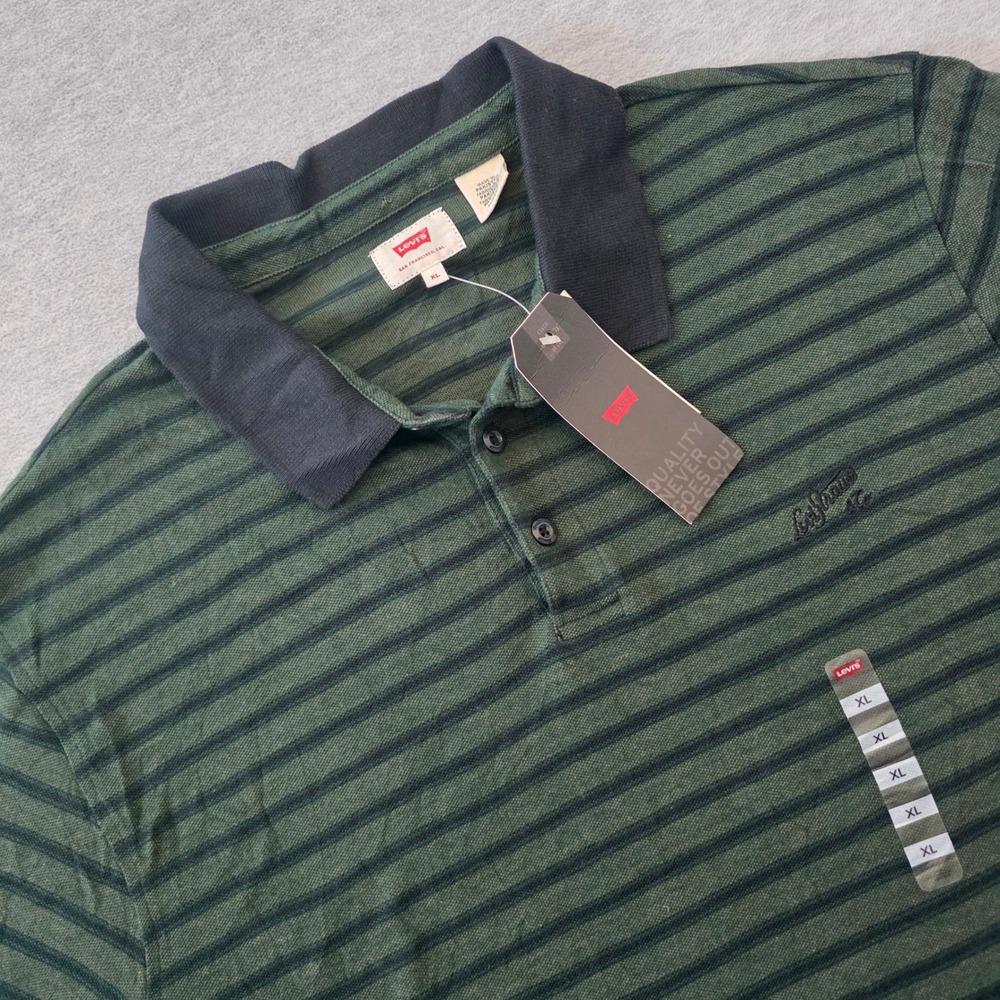 Levis Mens XL Green Black Striped Short Sleeve Cotton Polo Shirt NWT